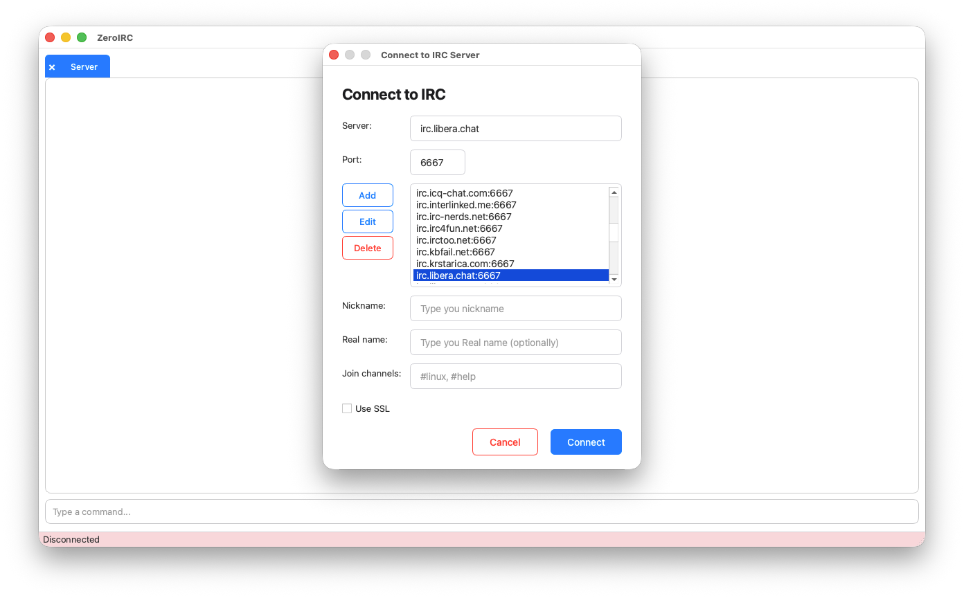 ZeroIRC 2.0 Start Window